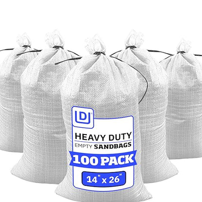 DURASACK Heavy Duty Sand Bags with Tie Strings Empty Woven Polypropylene Sand-Bags for Flood Control with 1600 Hours of UV Protection, 50 lbs Capacity, 14x26 inches, White, Pack of 100 - color: White, size: 100 Sandbags
