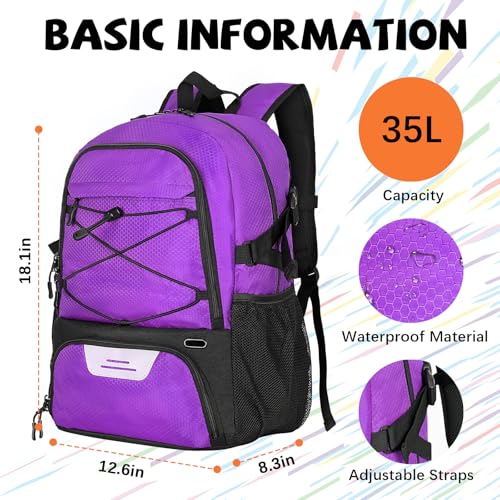 Goloni 35L Basketball Bag,Basketball Backpack with Shoe and Ball Compartment,Backpack for Soccer, Volleyball - color: purple
