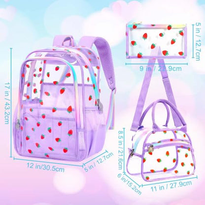 gxtvo 3PCS Clear School Backpack Heavy-Duty Set for Women & Teen Girls, 17" Purple Transparent Bag with Rainbow Strap, Cute Strawberry See Through Bookbag - color: Purple Strawberry Clear Backpack Set