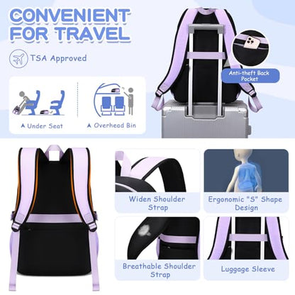 MOONBABY Girls Backpack with Lunch Box & Pencil Case for Kids Teens Bookbag for Elementary Primary Middle High School Daypack - color: Purple-3pcs