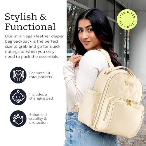 Itzy Ritzy Mini Diaper Bag Backpack – Chic, Compact Mini Plus Backpack with Changing Pad, 10 Pockets (6 Internal, 4 External), Grab-Top Handle & Rubber Feet (Milk & Honey) - color: Milk & Honey