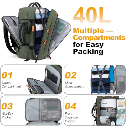 40L Travel Backpack,TSA Approved Carry On Backpack,Business Work Bag with Wet/Dry Compartment, Fits 17.3" Laptop, Duffel Bag for Men Women(ArmyGreen) - color: Armygreen