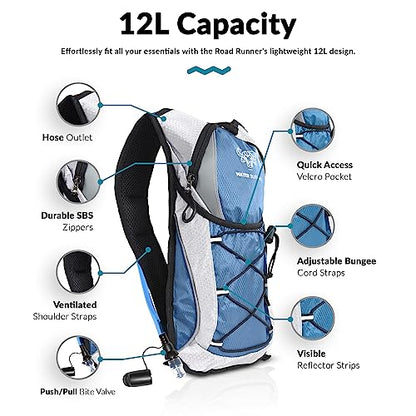 Water Buffalo Hydration Backpack - Lightweight Hydration Pack with 2L Water Bladder - Water Backpack for Hiking, Running, Biking, and Raves - Road Runner 12L Hydropack Backpack - color: Navy Blue