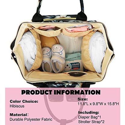 Femuar Diaper Bag Backpack Multifunction Maternity Diaper Bag for Baby Girls & Boys Large Capacity Travel Nappy Bags - color: Hibiscus