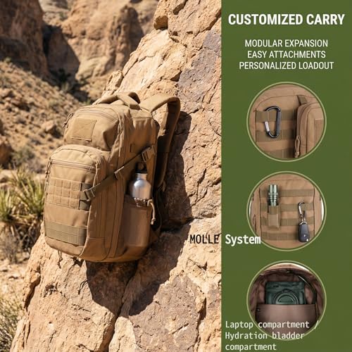 Zsearaymy 25L Small Tactical Hiking Backpack with 180° Open Design Molle System Padded Laptop Lightweight (TAN) - color: Tan