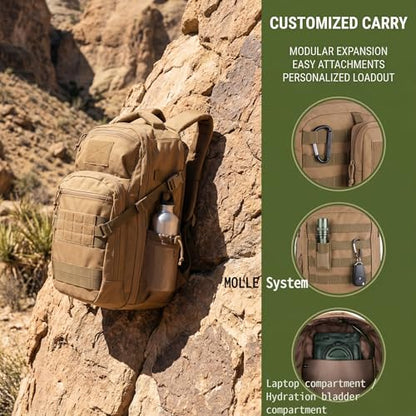 Zsearaymy 25L Small Tactical Hiking Backpack with 180° Open Design Molle System Padded Laptop Lightweight (TAN) - color: Tan