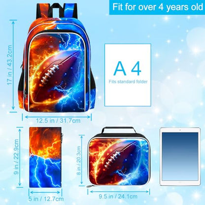 AGSDON 3PCS Rugby Backpack for Boys, 17" Kids Bookbag with Lunch Box for Boy, Flame Thunder Backpacks Water Resistant and Lightweight for Teen - color: Rugby