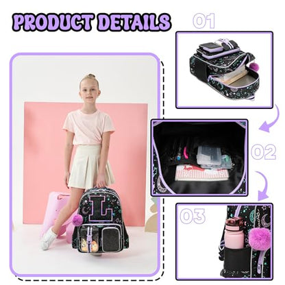 HTgroce Backpacks for Girls School Bag Kids Black Bookbag for Elementary Students Kids Backpack with Lunch Box and Pencil Case - color: Black, style: L
