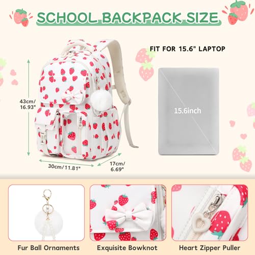 Girls Backpack, School Backpack for Girls, Cute Bow Kids Bookbag for Grils Children Teens for Elementary Middle High School Student, Back To School, White Strawberry - color: White Strawberry