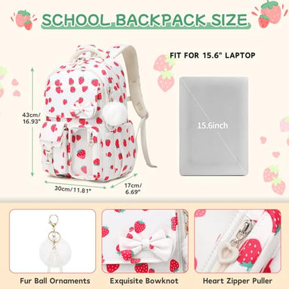 Girls Backpack, School Backpack for Girls, Cute Bow Kids Bookbag for Grils Children Teens for Elementary Middle High School Student, Back To School, White Strawberry - color: White Strawberry