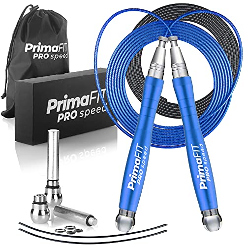 PrimaFIT Jump Rope Pro Speed Skipping Rope Adjustable Adult Jumping Rope Weighted Aluminium Handles for Double Dutch Boxing Workout Crossfit Exercise Fitness Spare Cable Weights Protectors Carry Bag - color: Blue