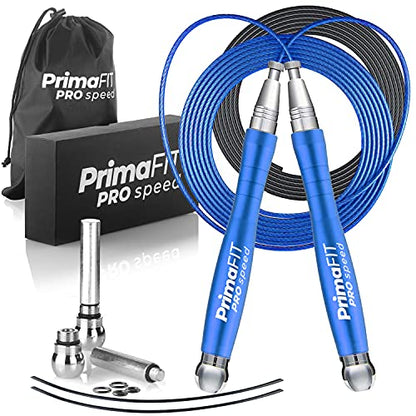 PrimaFIT Jump Rope Pro Speed Skipping Rope Adjustable Adult Jumping Rope Weighted Aluminium Handles for Double Dutch Boxing Workout Crossfit Exercise Fitness Spare Cable Weights Protectors Carry Bag - color: Blue