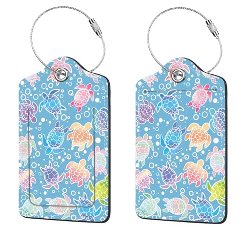 2 Pcs Luggage Tags for Suitcase, Cute Unique PU Leather Travel Bag Tag with Privacy Cover ID Label Address Card and Durable Metal Ring Suitable for Men Women Children Backpack,Colorful Sea Turtles - color: Colorful Sea Turtles
