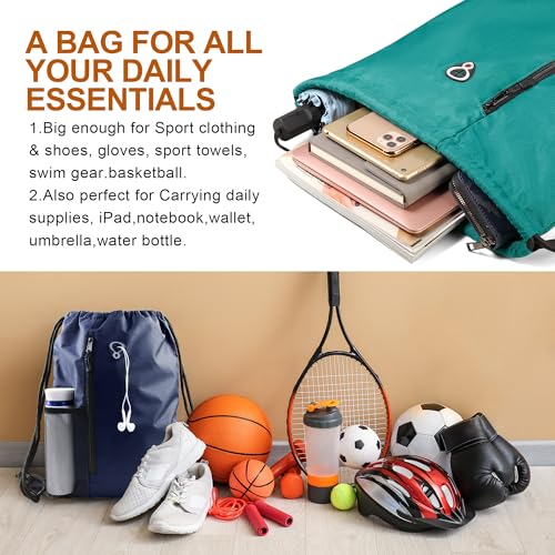 BeeGreen Marrs Green Drawstring Backpack Gym Bag For Men & Women – Sports Sackpack with Mesh Water Bottle Holder & 2 Zippered Pockets – Large 16x20 Inch Cinch String Backpack - color: Marrs Green, style: Drawstring With Mesh Pocket