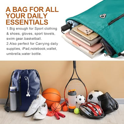 BeeGreen Marrs Green Drawstring Backpack Gym Bag For Men & Women – Sports Sackpack with Mesh Water Bottle Holder & 2 Zippered Pockets – Large 16x20 Inch Cinch String Backpack - color: Marrs Green, style: Drawstring With Mesh Pocket