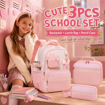 Bluboon Backpack for School Teen Girls Bookbags with Lunch Bag & Pencil Case Aesthetic Water Resistant School Bags for Kids - color: Pink Gingham