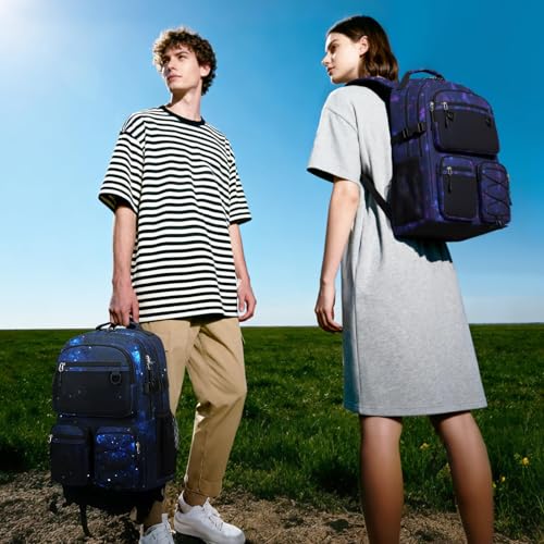 Lohol Multi-Pocket Backpack for Travel College, Heavy Duty Big Bookbag with 15.6 inch Laptop Compartment (Black Blue Galaxy - color: Black Blue Galaxy