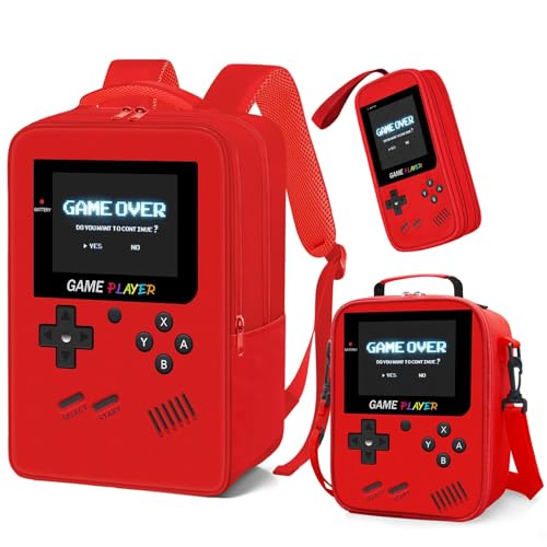 School Backpack for Boys,3pcs Gamer Boys Backpack with Lunch Box Set for Kids Children Teens Elementary Middle School,17" Large Capacity Student Bookbag & Multifunctional Video Game Travel Bag - color: Red-backpack Set