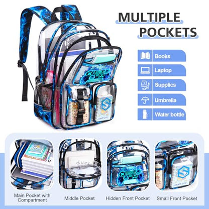 DIGOBAY 3PCS Cool Luminous Clear Backpack for Boys Kids, Gamer Clear Bookbag for School, See Through PVC Transparent Backpacks with Lunch Bag Pencil Case, Backpack Heavy Duty for School Stadium - color: Blue Flame