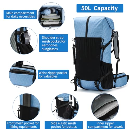 Hiking Backpack,40L to 50L Extra Large Capacity Hiking Bag,Internal Frame Camping Backpack,Upgraded X-PAC Lightweight Sport Daypack Travel Backpack Fit For Mountain Climbing Camping(Blue) - color: Blue