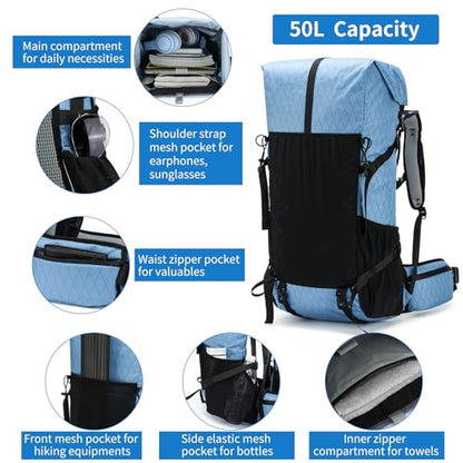 Hiking Backpack,40L to 50L Extra Large Capacity Hiking Bag,Internal Frame Camping Backpack,Upgraded X-PAC Lightweight Sport Daypack Travel Backpack Fit For Mountain Climbing Camping(Blue) - color: Blue