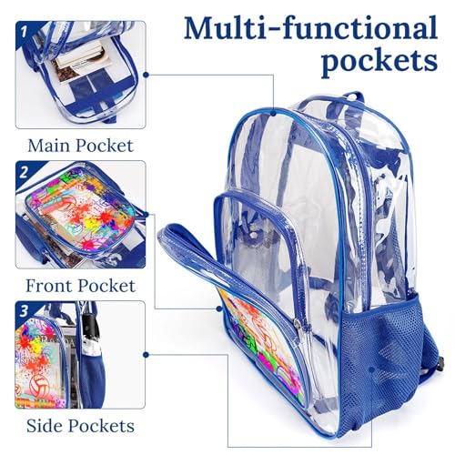 Custom Volleyball Clear Backpack Heavy Duty for Girls Kids Boys | Large Cool PVC Volleyball Theme Printing Transparent Backpacks for Schools Stadium Concerts Work - Clear/Blue - color: Volleyball Clear Backpack 1 Blue With Front Pocket Custom