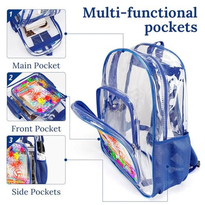 Custom Volleyball Clear Backpack Heavy Duty for Girls Kids Boys | Large Cool PVC Volleyball Theme Printing Transparent Backpacks for Schools Stadium Concerts Work - Clear/Blue - color: Volleyball Clear Backpack 1 Blue With Front Pocket Custom
