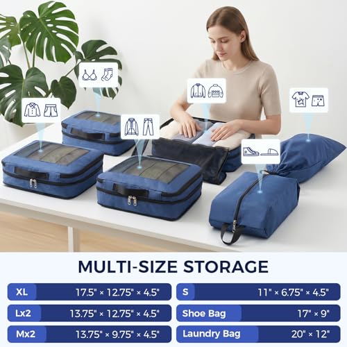 BAGAIL 8 Set Compression Packing Cubes, Durable & Wear-resistant Expandable Luggage Organizer Bags for Travel Accessories(Navy) - color: Navy