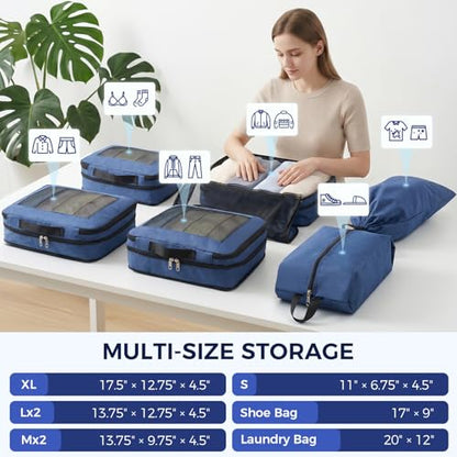 BAGAIL 8 Set Compression Packing Cubes, Durable & Wear-resistant Expandable Luggage Organizer Bags for Travel Accessories(Navy) - color: Navy