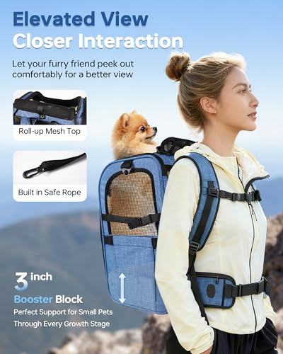 Hiking Dog Carrier Backpack, Padded Height-Enhancing Design, Adjustable Waist Cushioning Belt with Breathable Padded Back Support, Dog Carrier Backpack for Small Dogs Max 13LB Blue with Pad - color: Blue