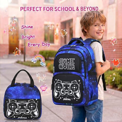 3PCS Kids Backpack Set, School Backpack with Lunch Bag & Pencil Case, Lightweight Waterproof Bookbag for Kids (Gamer Starry Blue) - color: Gamer Starry Blue