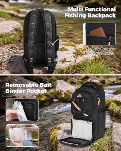 MATEIN Fishing Sling Bag with Lure Rod Holder & Phone Pouch, Waterproof 3600 Tackle Box Backpack with Removable Bait Binder - color: Black-pink