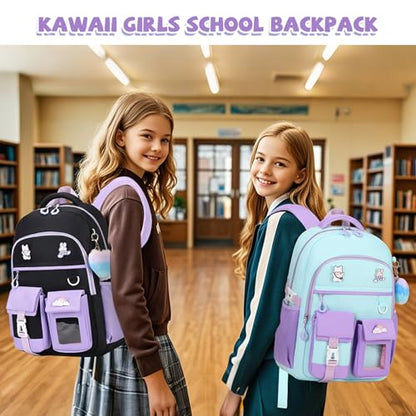 Girls Backpack, Lightweight Kids Backpack Kawaii School Backpacks Bookbag for Primary Elementary School,Age 6-14 years,Black Match Purple (Luggage Strap Ver) - color: 1pc-green & Purple(luggage Strap Ver)