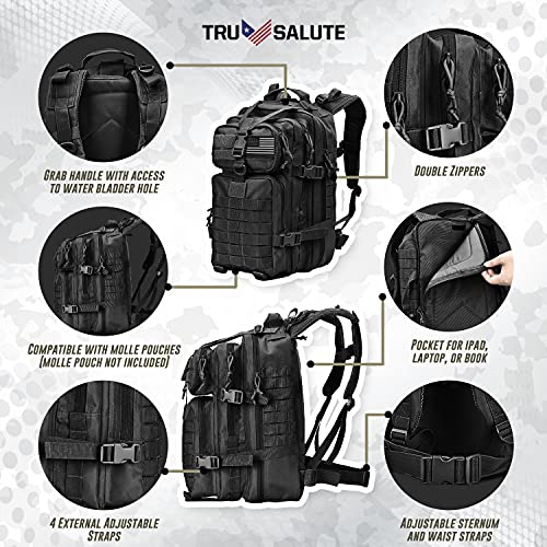Tru Salute 45L Military Black Tactical Backpack Large Army 3 Day Pack Molle Bug out Bag Rucksack Backpack Military Black - color: Black