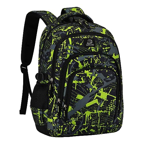 MYGOO Boys School Backpack Archibald Camo Green Bookbag for Elementary Middle School Ages 5-12, 17 inch Large Capacity 24L Kids Student Travel Bags - color: Archibald Camo Green