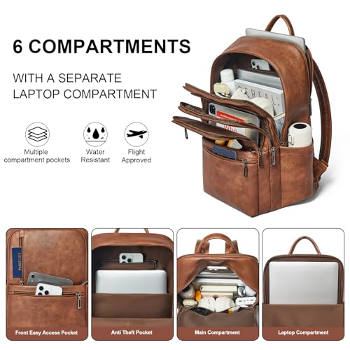 Shrrie 17 inch Leather Laptop Backpack for Women, Large Travel Backpack with 6 Compartments, Vegan Leather Computer backpack purse for WORK Casual Daypack College - color: Brown