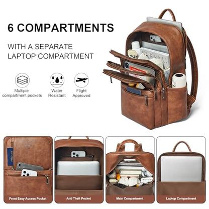 Shrrie 17 inch Leather Laptop Backpack for Women, Large Travel Backpack with 6 Compartments, Vegan Leather Computer backpack purse for WORK Casual Daypack College - color: Brown