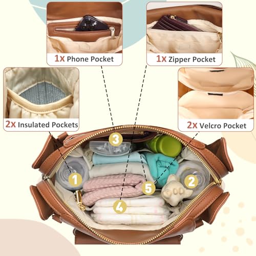 miss fong Small Diaper Bag, Mini Dackpack Leather Diaper Bag Backpack with 12 Diaper Bag Organizer, Insulated Pocket, 2 Insulated Pockets (Brown) - color: Brown