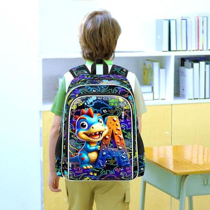 16" Dinosaur Backpack, 3Pcs Boys Bookbag with Lunch Box, Kids School Backpacks Set for Elementary Preschool Kindergarten (Balck) - color: Dinosaur Black