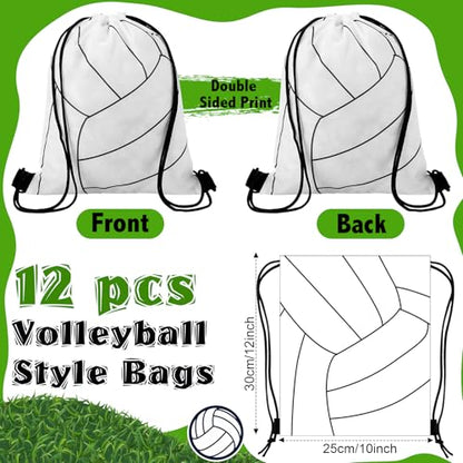 Dansydaisy 12 Pcs 12 In Volleyball Drawstring Backpack Bag Goodie Snack Gift Bags Sports Party Favors String Backpack Bulk(White) - color: White