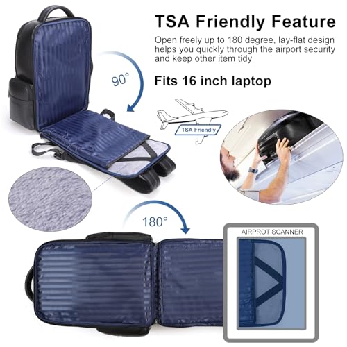 Masa Kawa Black Leather Business Travel Laptop Backpack for Men Fits 15.6" 16" Computer Office Work Commuting Executive Bag Waterproof Daypack