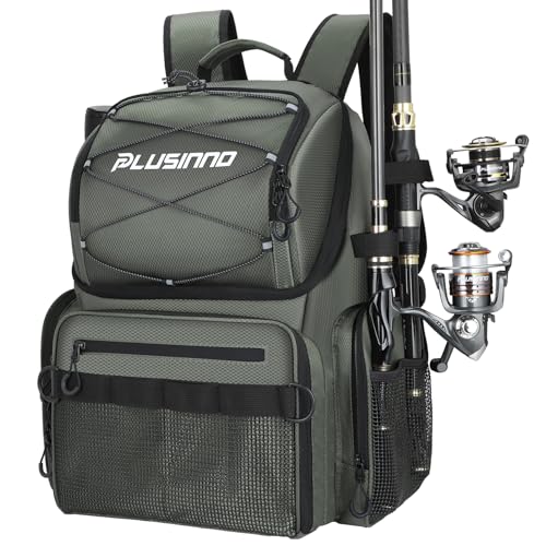 PLUSINNO Cooler Fishing Backpack with Rod Holders 45L Large Water-resistant Fishing Tackle bag Store Fishing Gear Fishing Gifts for Men Father - color: Grey Jacquard