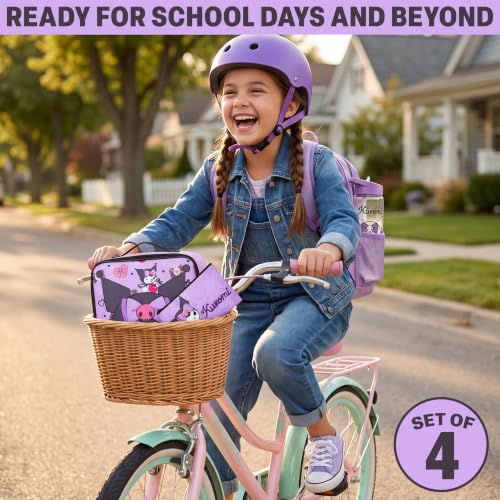 Get Trend Kuromi Girls Backpack, Lunch Bag, Pencil Case, Water Bottle | Sanrio 4 Pc Set, 18in Bookbag, Insulated Lunch Bag, Pencil Pouch & 16.9 fl oz BPA-Free Water Bottle, School, Gifts for Girls - color: Purple Kuromi