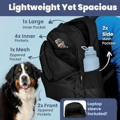 Dog Travel Bag for Supplies - Complete Dog Diaper Bag Backpack with 2 BPA-Free Travel Bowls, Treat Pouch, Food Container, Placemat & Laptop Sleeve – for Traveling, Road Trips, Hiking: Black - color: Black
