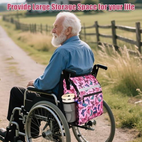 ZHCHG Wheelchair Bags, Wheelchair Backpack with Cup Holder, Wheelchair Bags to Hang on Back, Electric Wheel Chair Accessories, Large Storage Bag for Walker Rollator- Pink Butterfly - style: Pink Butterfly