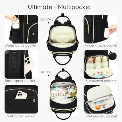 Diaper Bag Backpack, Large 26L Baby Bag with Portable Changing Pad & Pacifier Case, Waterproof Quilted Maternity Backpack for Mom and Dad, Travel Essentials with Insulated Pockets, Black - color: Black