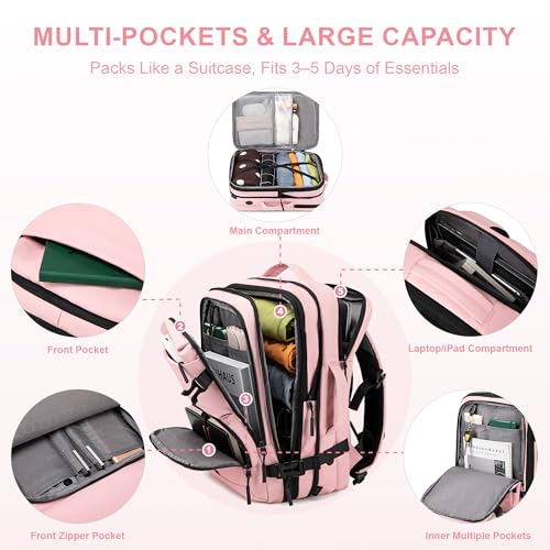BAGOK Carry On Travel Backpack, Expandable Extra Large Airline Approved,Lightweight Daypack for Men and Women（Pink） - color: B-pink, size: Medium