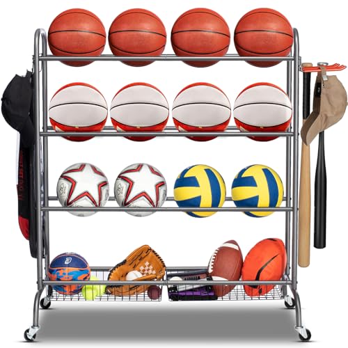 EXTCCT Basketball Rack, Rolling Basketball Shooting Training Stand,Sports Equipment Storage with Wheels, Four-Layer Organizer Holder with Two Basket for Basketballs Footballs Volleyball - color: Standard Grey