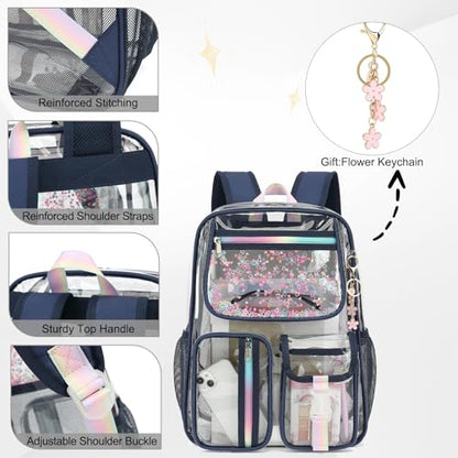 Clear Backpack for Girls Women, School Bookbag Heavy Duty See Through Backpacks (Navy Blue) - color: Navy