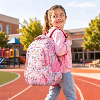 MYGOO Girls School Backpack Doubleday Unicon Pink Bookbag for Elementary Middle School Ages 5-12, 17 inch Large Capacity 24L Kids Student Travel Bags - color: Doubleday Unicon Pink